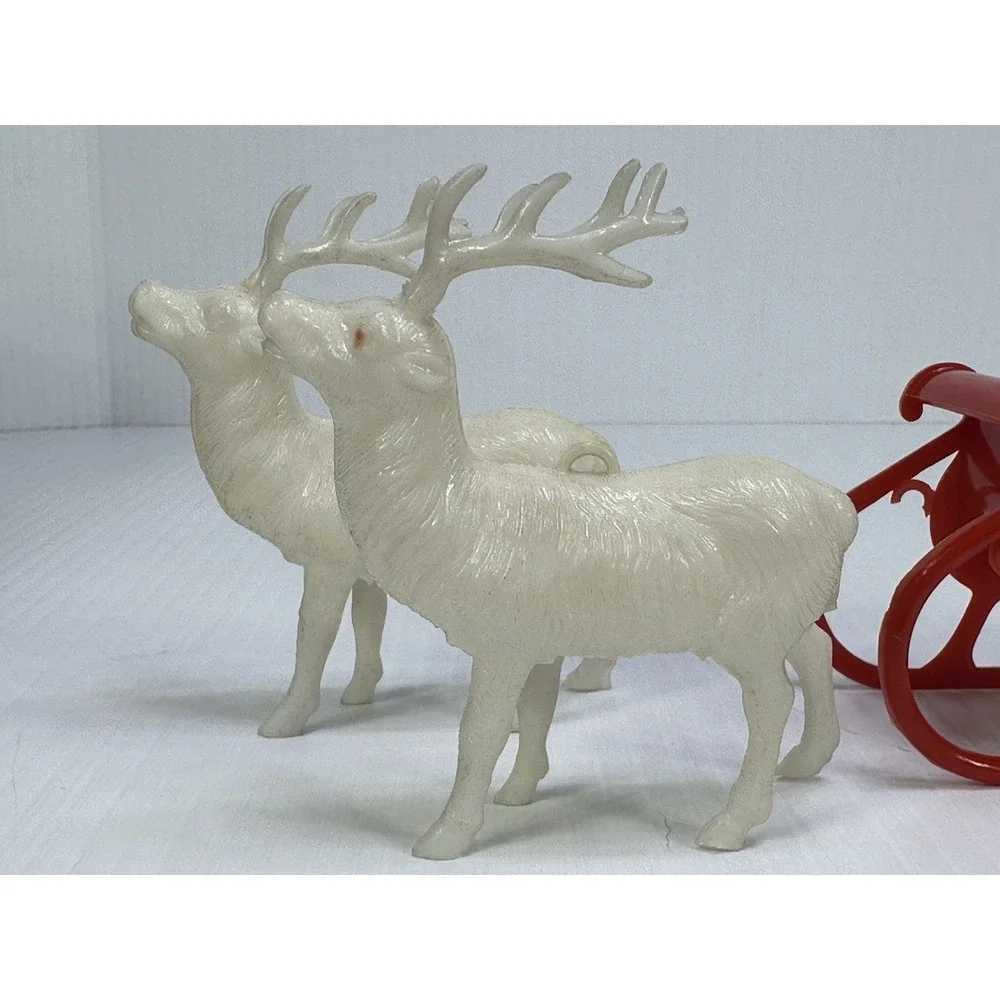 Vintage Plastic Standing Santa Claus Sleigh Pulled by Two White Reindeer